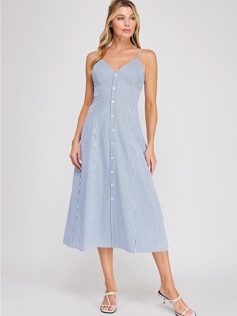 Striped Blue Button-Front Midi Dress